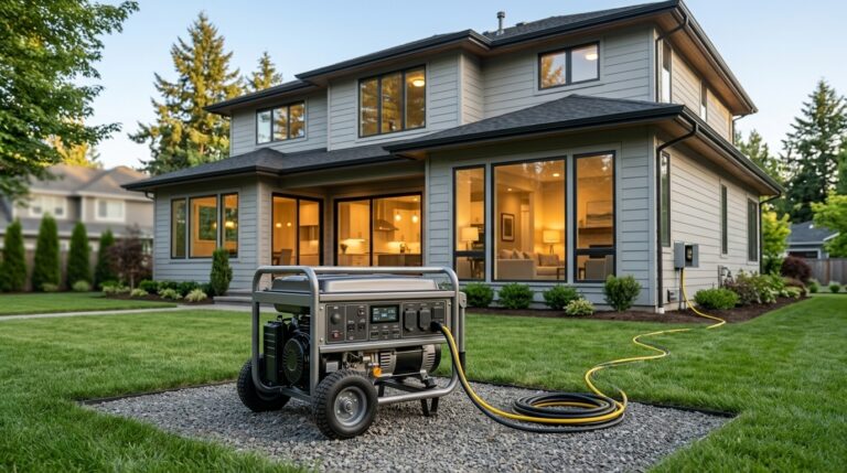 Portable backup generator positioned outdoors beside a modern home.