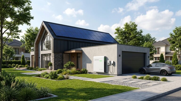 Modern home with rooftop solar panels and a residential solar battery storage system.