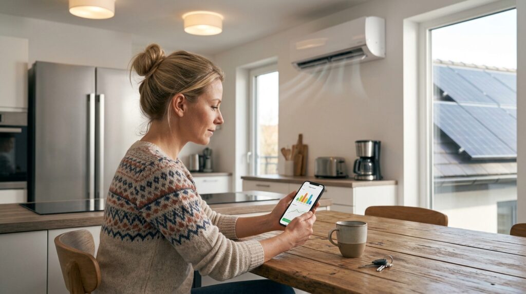 Homeowner checking household electricity consumption on a smartphone energy monitoring app