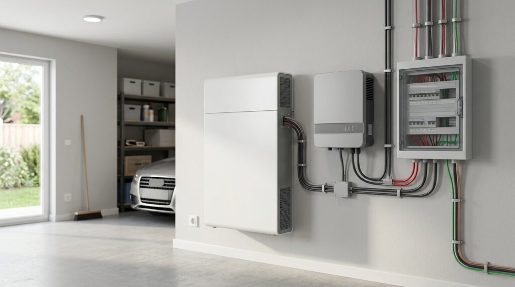 Wall-mounted home solar battery with inverter and electrical installation equipment.