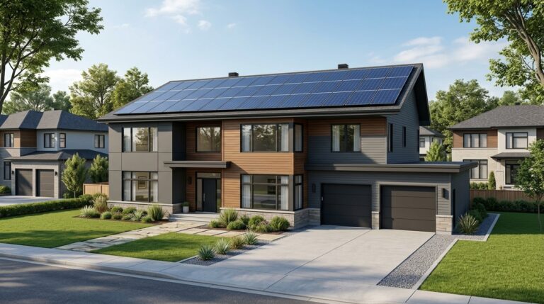 Modern home with rooftop solar panels installed to generate residential electricity.
