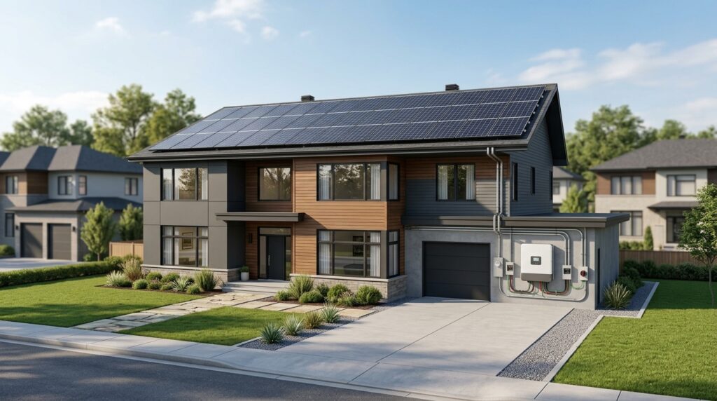 Rooftop solar panels with an inverter and electrical equipment on a residential home