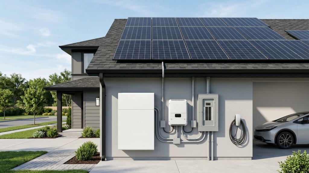 Residential solar panels connected to a home battery and inverter for energy storage.