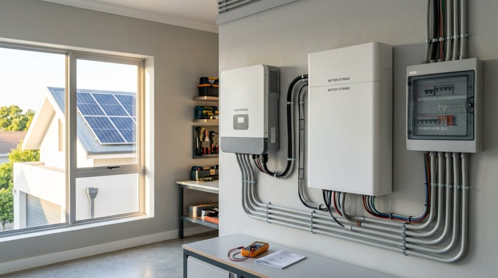 Wall-mounted hybrid solar inverter connected to home battery storage and electrical equipment.