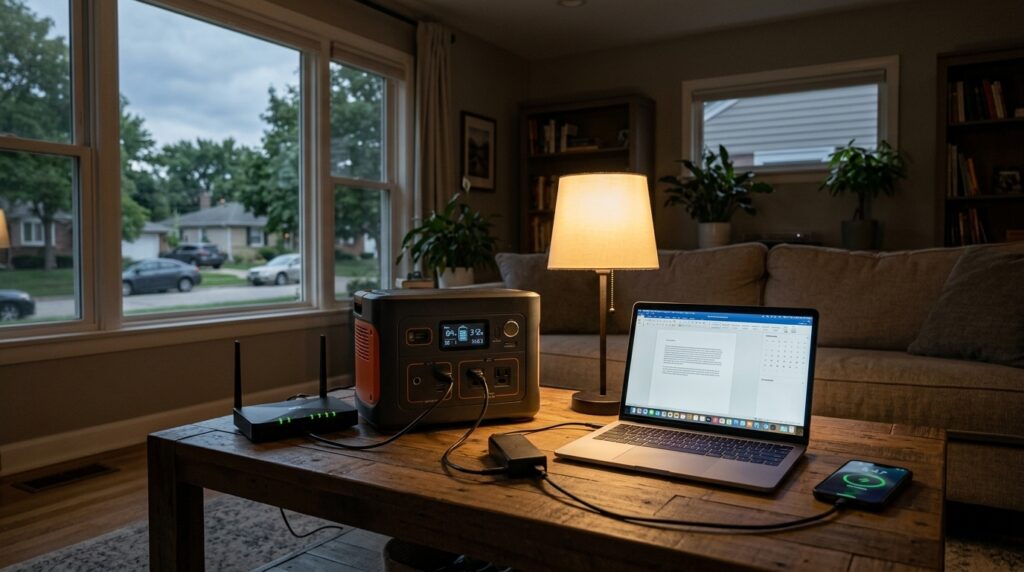 Portable power station powering a laptop, Wi-Fi router, and LED lamp during an outage.