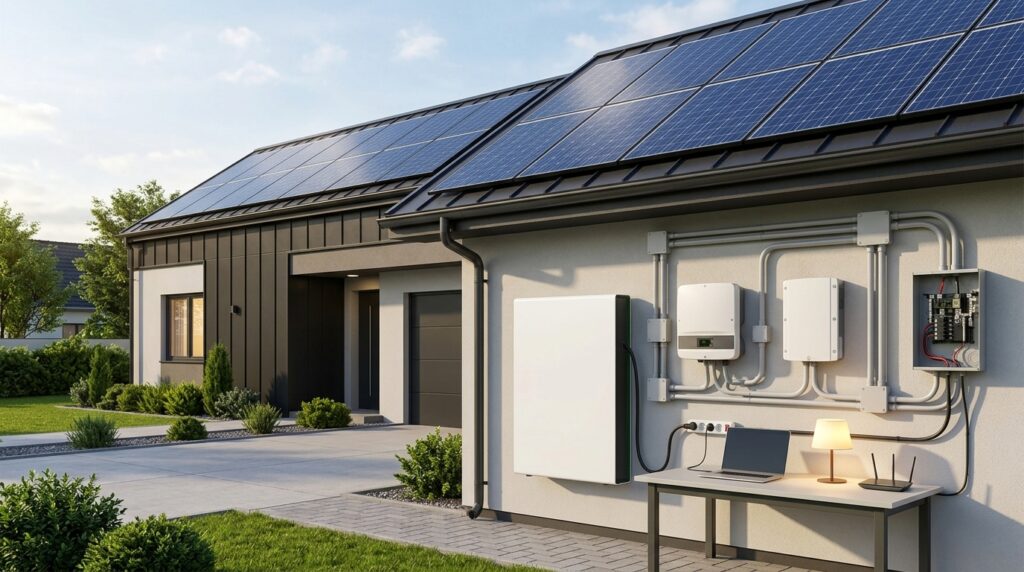 Residential solar panels connected to a home battery and inverter for backup electricity.