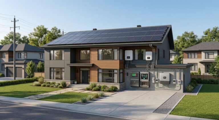 Solar panels on a modern home with a professionally installed solar inverter