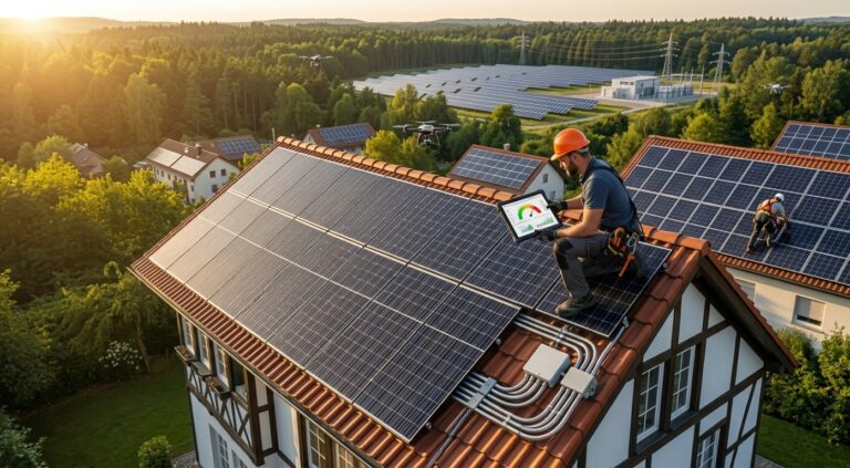 Solar panels on a residential rooftop being inspected for proper maintenance