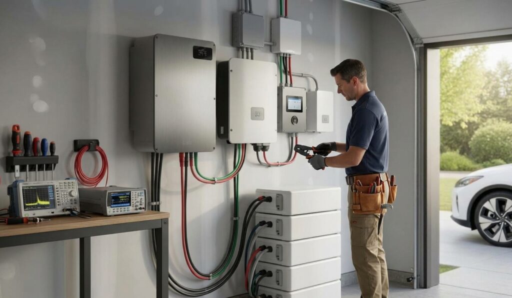 Residential hybrid solar inverter with battery storage and electrical protection equipment.