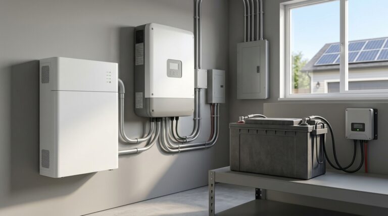 Lithium solar battery beside a traditional lead-acid battery for home solar storage.