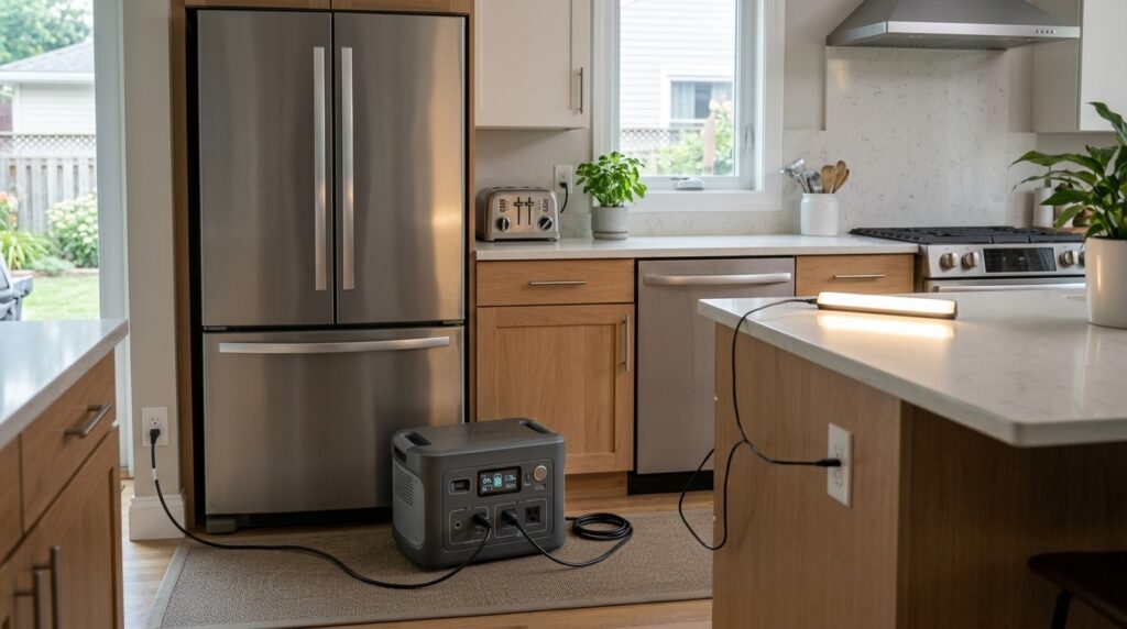 Portable power station providing backup electricity to a refrigerator and household lighting.