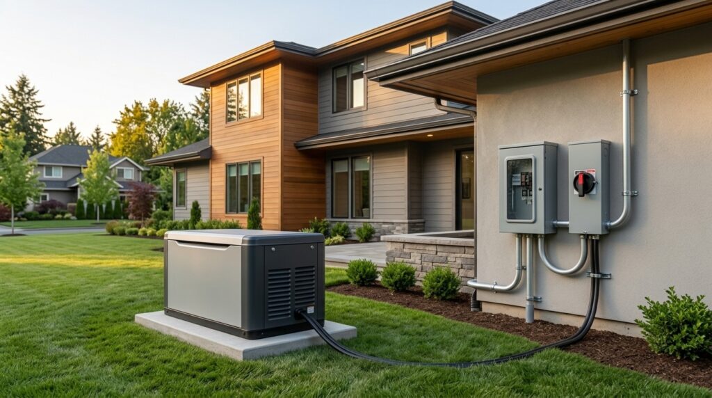 Outdoor standby generator beside a home with professionally installed electrical transfer equipment.