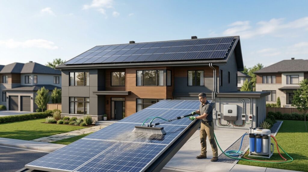Solar panels being gently cleaned with a soft brush and clean water