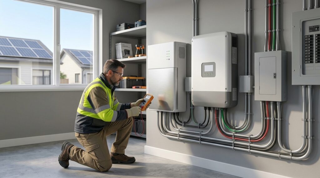 Technician inspecting a home lithium solar battery connected to a solar inverter
