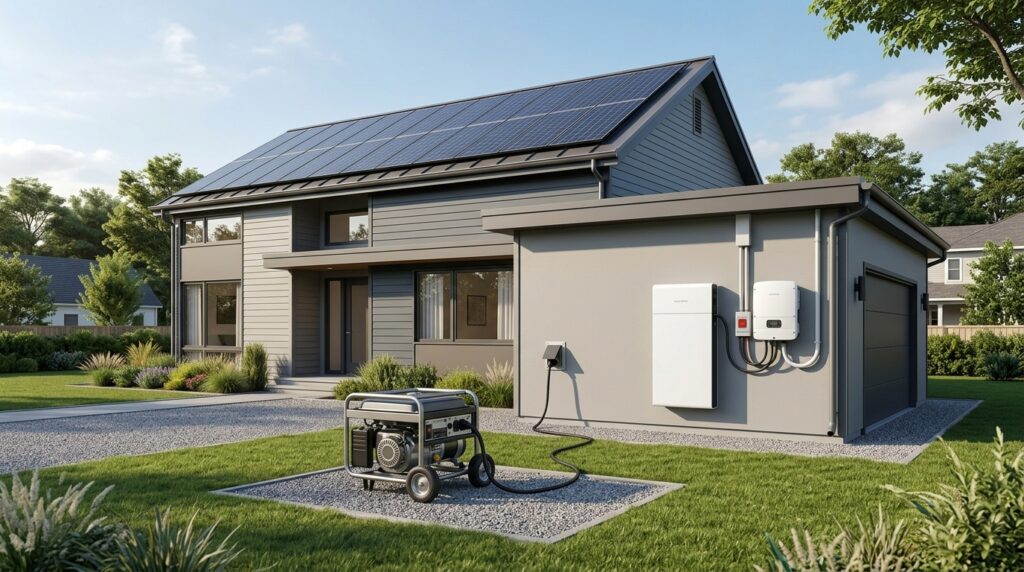Home backup setup with rooftop solar panels, battery storage, and an outdoor generator.