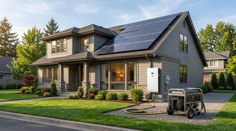Solar battery storage system and portable backup generator beside a modern home.