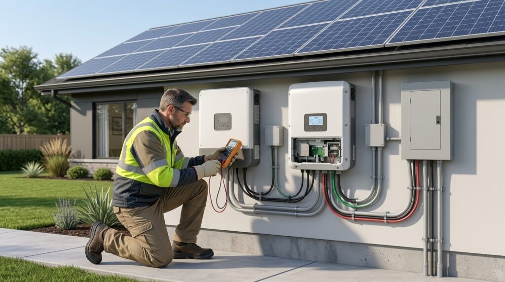 Solar technician inspecting a residential inverter and its electrical installation