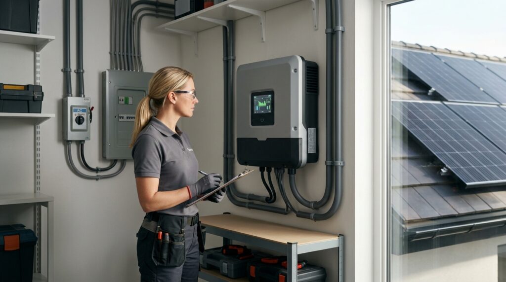 Solar technician inspecting a wall-mounted home solar inverter and its display