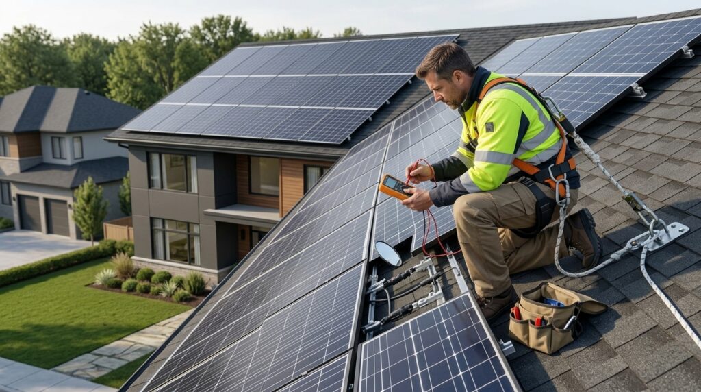 Solar installation technician inspecting rooftop panels and mounting hardware on a home
