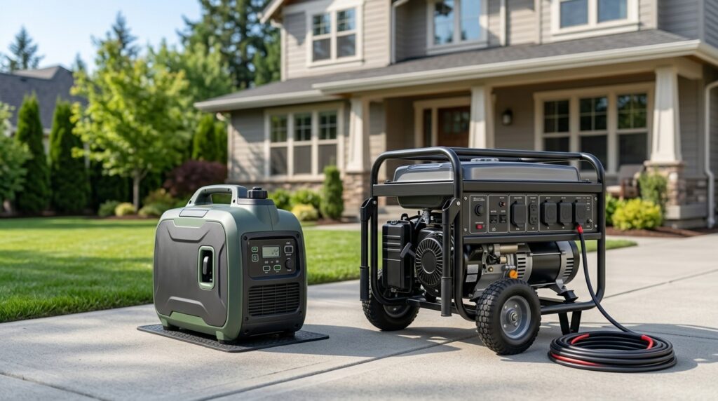 Portable inverter generator and conventional generator for home backup.